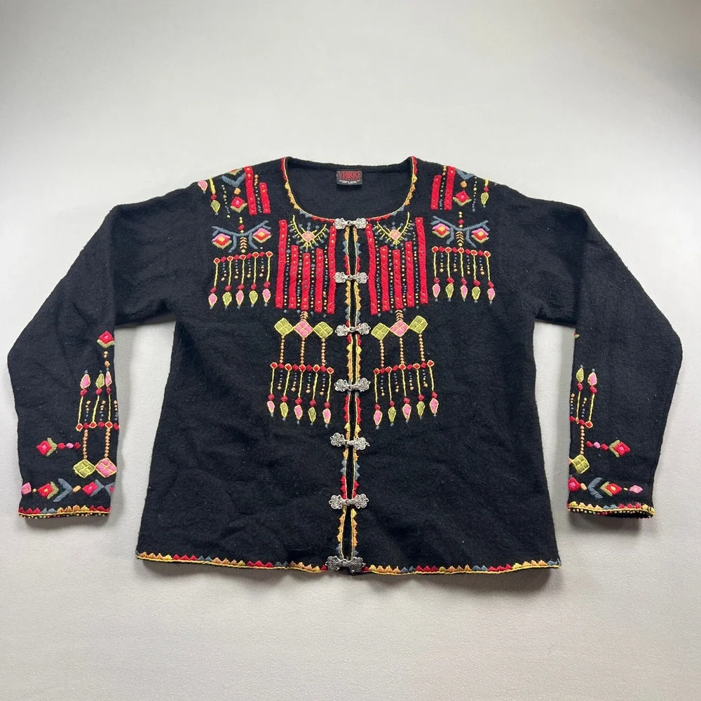 Vrikke Norwegian Cardigan Sweater Womens Black Intricate Embroidery Long Sleeve